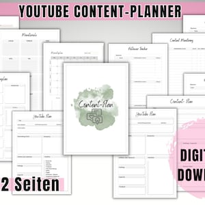Könnte beinhalten: Ein digitaler Download eines YouTube-Content-Planers mit 12 Seiten. Der Planer enthält Abschnitte für die Planung, Content-Planung, Follower-Tracking und mehr. Die Seiten sind weiß mit schwarzem Text und einem grünen Aquarell-Design.