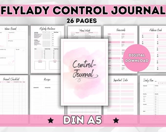 May include: A digital printable control journal with 26 pages. The cover features a pink watercolor background with the text "Control Journal" in black cursive. The journal includes pages for vision boards, routines, home work, passwords, address books, present checklists, recipes, important dates, and daily plans. The journal is designed for DIN A5 paper size.