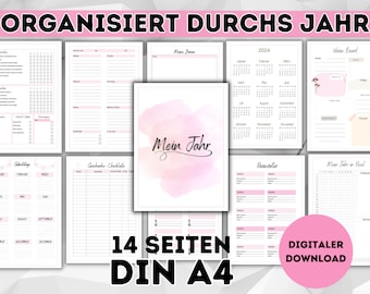 Puede incluir: Un planificador imprimible con un diseño de acuarela rosa y el texto "Mein Jahr" (alemán para "Mi año"). El planificador incluye páginas para calendarios mensuales, establecimiento de objetivos, listas de verificación y más. El texto "14 Seiten DIN A4" (alemán para "14 páginas DIN A4") también está incluido. El planificador es una descarga digital.