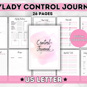 Könnte beinhalten: Ein digitaler druckbarer Kontroll-Journal mit 26 Seiten. Das Cover zeigt einen aquarellartigen rosa und weißen Hintergrund mit dem Text "Control Journal" in schwarzer Kursivschrift. Das Journal enthält Seiten für Vision Boards, Flylady-Routinen, Hausarbeiten, Passwörter, Adressbücher, Geschenk-Checklisten, Rezepte, wichtige Daten und Tagespläne. Das Journal ist für US Letter Papierformate konzipiert.