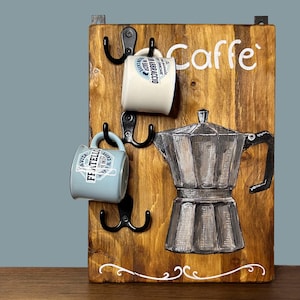Handmade Wooden Coffee Cup Holder | Painted Italian Moka Pot | Kitchen Decor