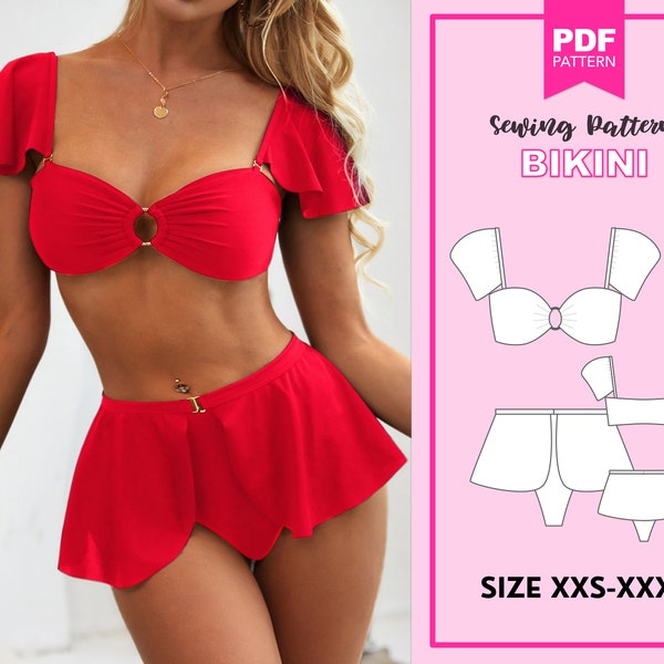 Bikini pattern. Bikini with skirt pattern. Sewing bikini patterns. Women bikini pattern PDF. Swimsuit pattern PDF.  Sewing pattern for women