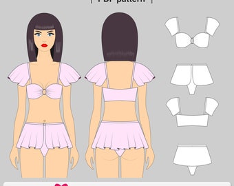 Bikini pattern. Bikini with skirt pattern. Sewing bikini patterns. Women bikini pattern PDF. Swimsuit pattern PDF.  Sewing pattern for women