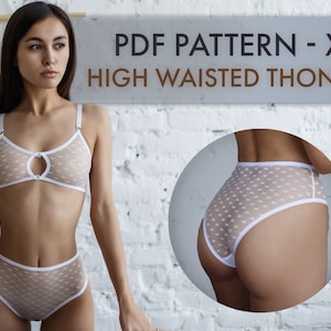Op de afbeelding: PDF-patroon voor een hoge taille string met een wit kantontwerp. Het patroon is voor maat XL.
