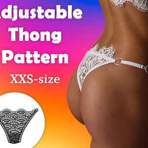 May include: White lace thong with adjustable straps and metal rings. The image includes the text "Adjustable Thong Pattern XXS-size" in white letters against a gradient background of pink, orange, and purple.