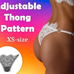 May include: A white lace thong with adjustable straps. The thong is shown on a model and has a simple, delicate design. The image also includes a line drawing of the thong pattern.