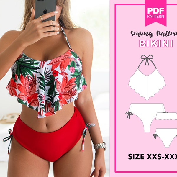 Bikini pattern. Frilly bikini patterns. Swimsuit pattern.  Digital pattern. Women swimsuit pattern. Sewing pattern for women.
