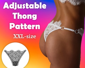 Könnte beinhalten: Ein weißes Spitzen-String-Muster mit verstellbaren Trägern. Das Muster ist für eine Größe XXL.