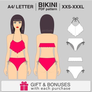 Bikini pattern. Frilly bikini patterns. Swimsuit pattern.  Digital pattern. Women swimsuit pattern. Sewing pattern for women.