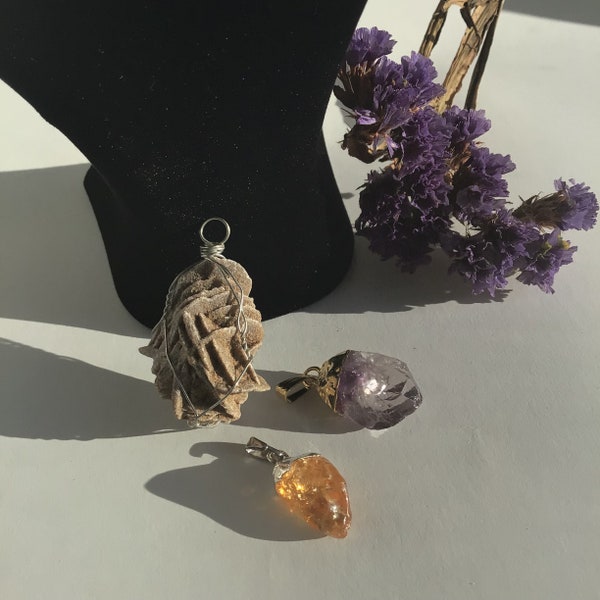 Desert Rose Selenite Necklace, Citrine Necklace, Amethyst Pendant Necklace, Crystal Pendant Necklace, Desert Rose Selenite Gypsum, Selenite