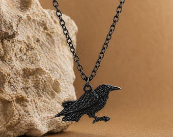 Raven Necklace Black Crow Pendant Gothic Bird Jewelry Viking Norse Mythology Odin Symbol Gift for Women Men Corvid Lover