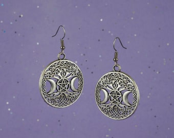 Triple Moon Goddess Earrings: Silver Pentagram Witch Jewelry