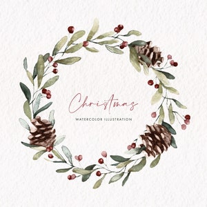 Holly Wreath Aquarelle Noël Clip Art Cadre Vacances Frontière Botanique Verdure Baies Carte Fond PNG Télécharger
