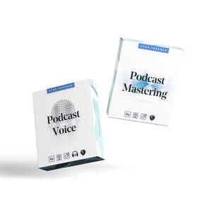 May include: Two white boxes with blue accents, one labeled "Podcast Voice" with a microphone icon and the other labeled "Podcast Mastering". Both boxes have a blue and white abstract design on the side.