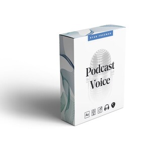 May include: A white box with a blue and green abstract design. The box has the text "Podcast Voice" and "Ryan Freeman" on it. The box also has icons for audio formats, including Au, MP3, and WAV.