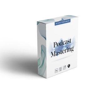 May include: A white box with a blue and green abstract design. The box has the text "Podcast Mastering" and "Ryan Freeman" on it. The box also has icons for Au, Logic Pro, and Ableton.