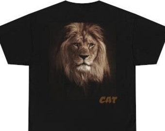 May include: Black t-shirt featuring a brown lion's face graphic and the word "CAT" in brown text.