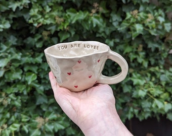 Handmade ceramic mug, Mug with hearts, ceramic mug, love theme, gift for her love gift gift for mum anniversary gift, birthday gift, 240 ml