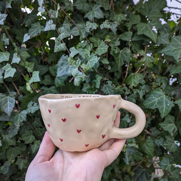 Handmade ceramic mug, Mug with hearts, ceramic mug, love theme, gift for her love gift gift for mum anniversary gift, birthday gift, 240 ml
