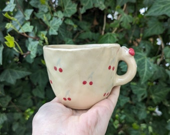 Handmade ceramic mug, Mug with cherry, ceramic mug, love theme, gift for her love gift gift for mum anniversary gift, birthday gift, 240 ml