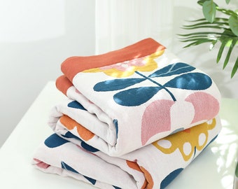 Flower PatternThrow Blanket,Handmade Pure Cotton Jacquard Blanket,Bed Decorative Throws,Home Decor,Housewarming Gift