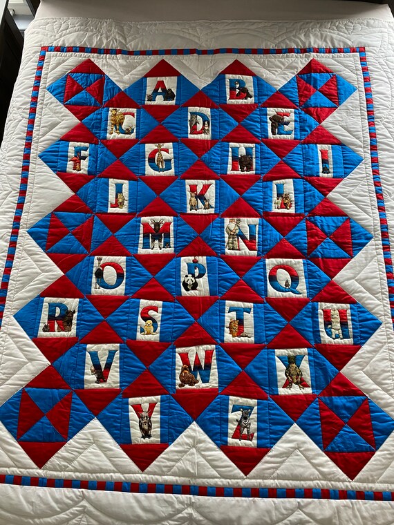 NEW 65 Inch Wide by 74 Inch Long double Bed Size Lap Quilt throw Animal Alphabet Red White and Blue Etsy