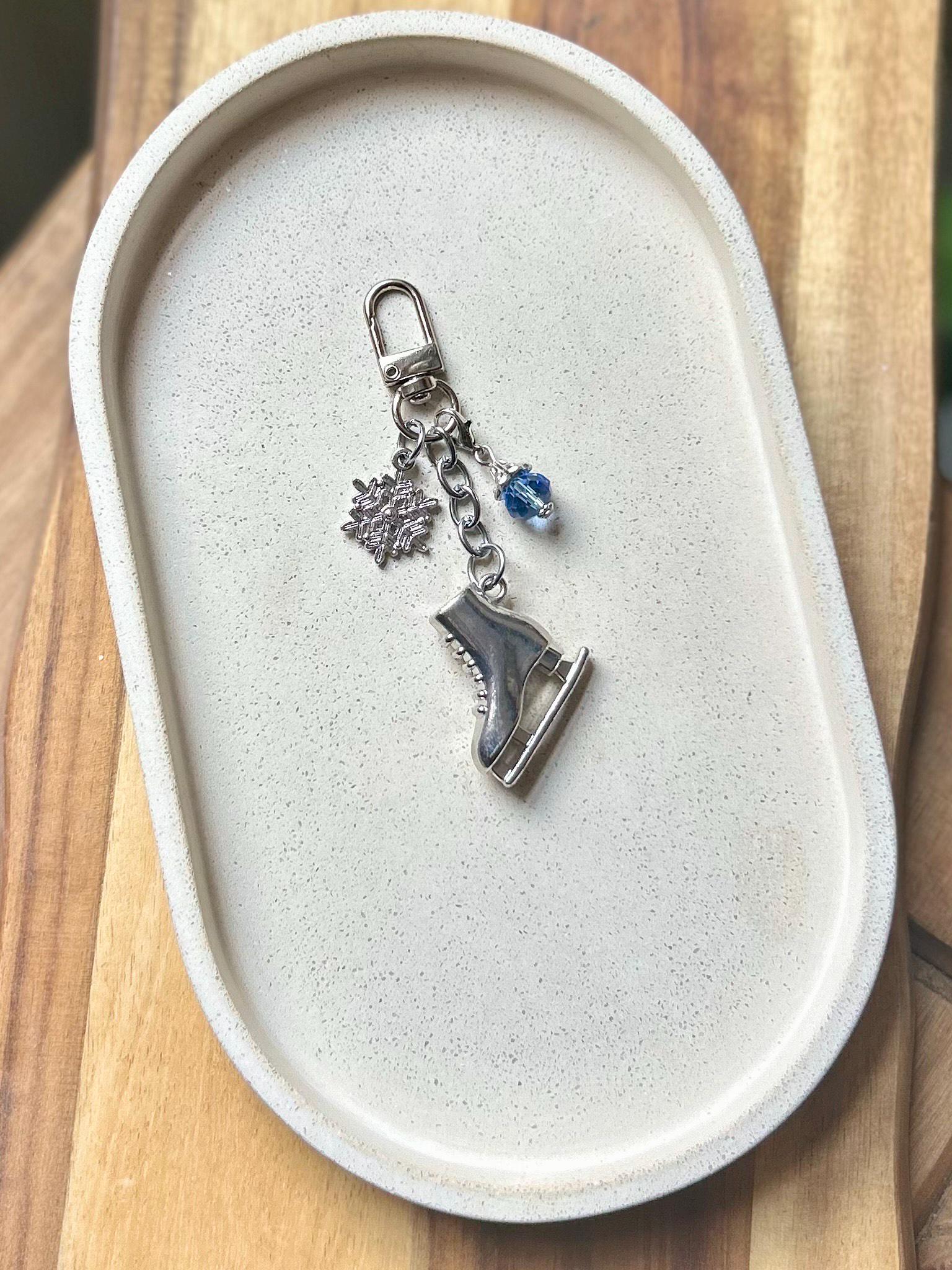 Figure Skate Keychain: Snowflake Charm & Custom Bead - Silver
