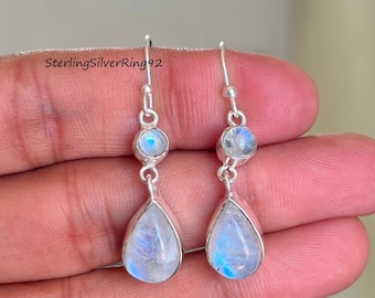Rainbow Moonstone Dangle Earrings: Handmade Sterling Silver Drop Earrings