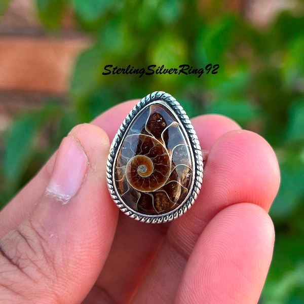 Handmade Sterling Silver Ammonite Fossil Ring: Bohemian Gemstone Jewelry