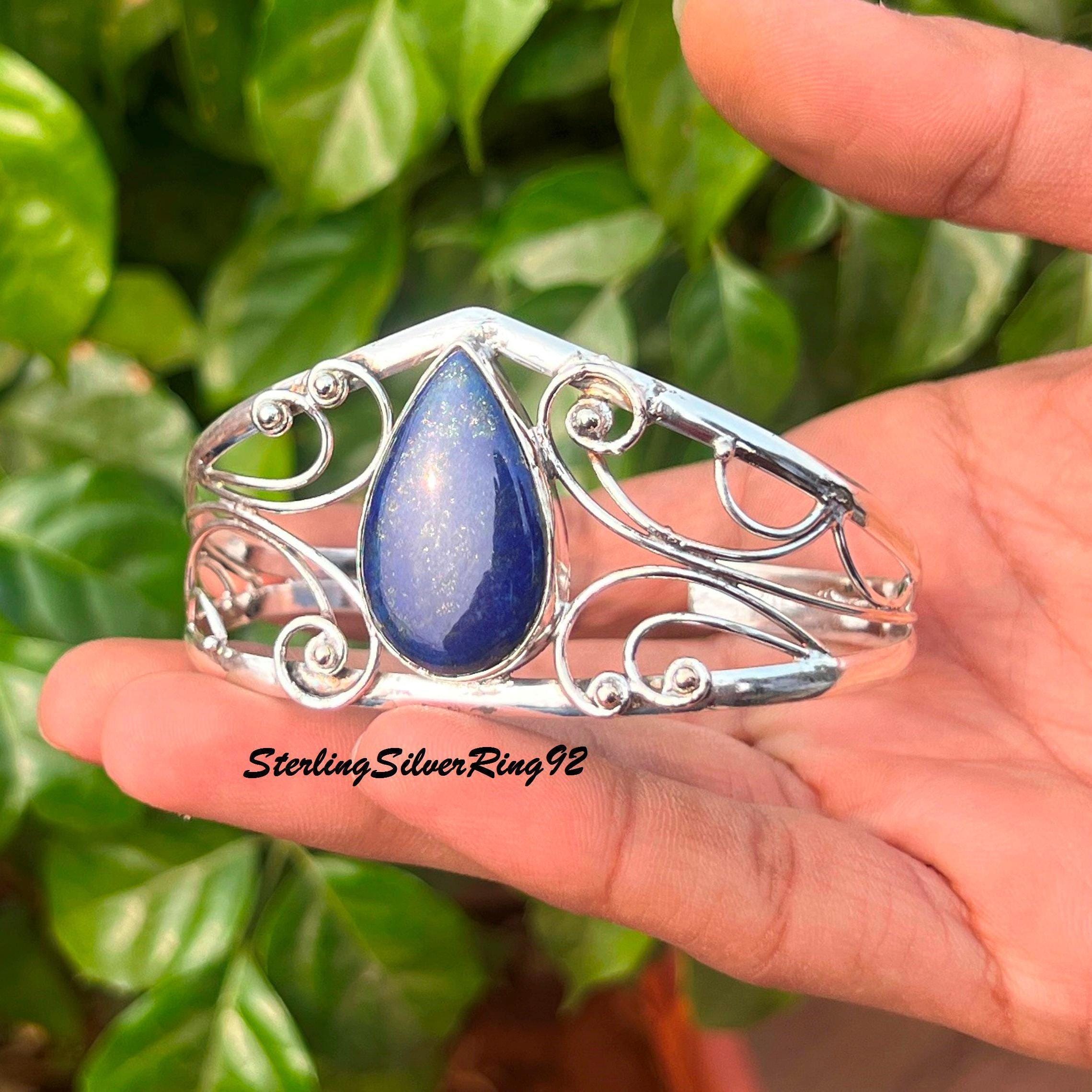 Handmade Lapis Lazuli Bangle: Adjustable Sterling Silver Mobius