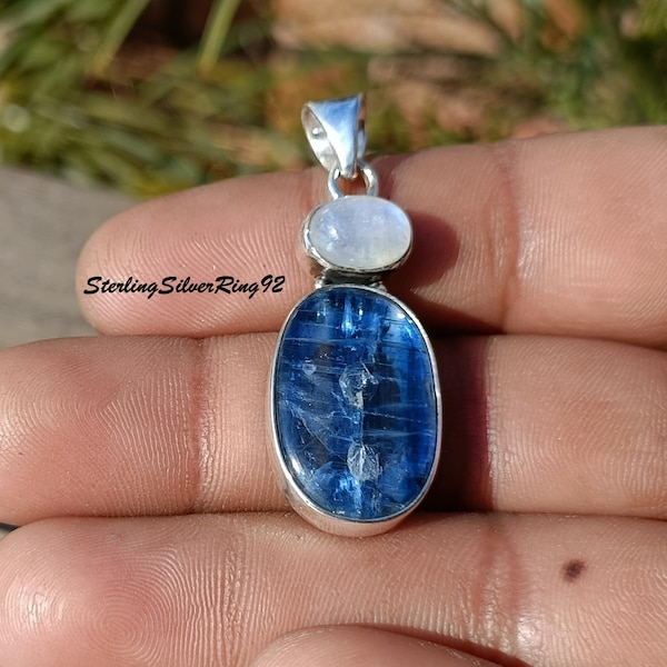Handmade Sterling Silver Kyanite and Moonstone Oval Pendant