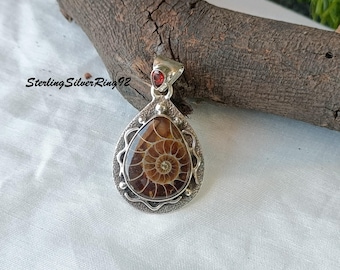 Ammonite Fossil Sterling Silver Pendant: Pear Boho Jewelry