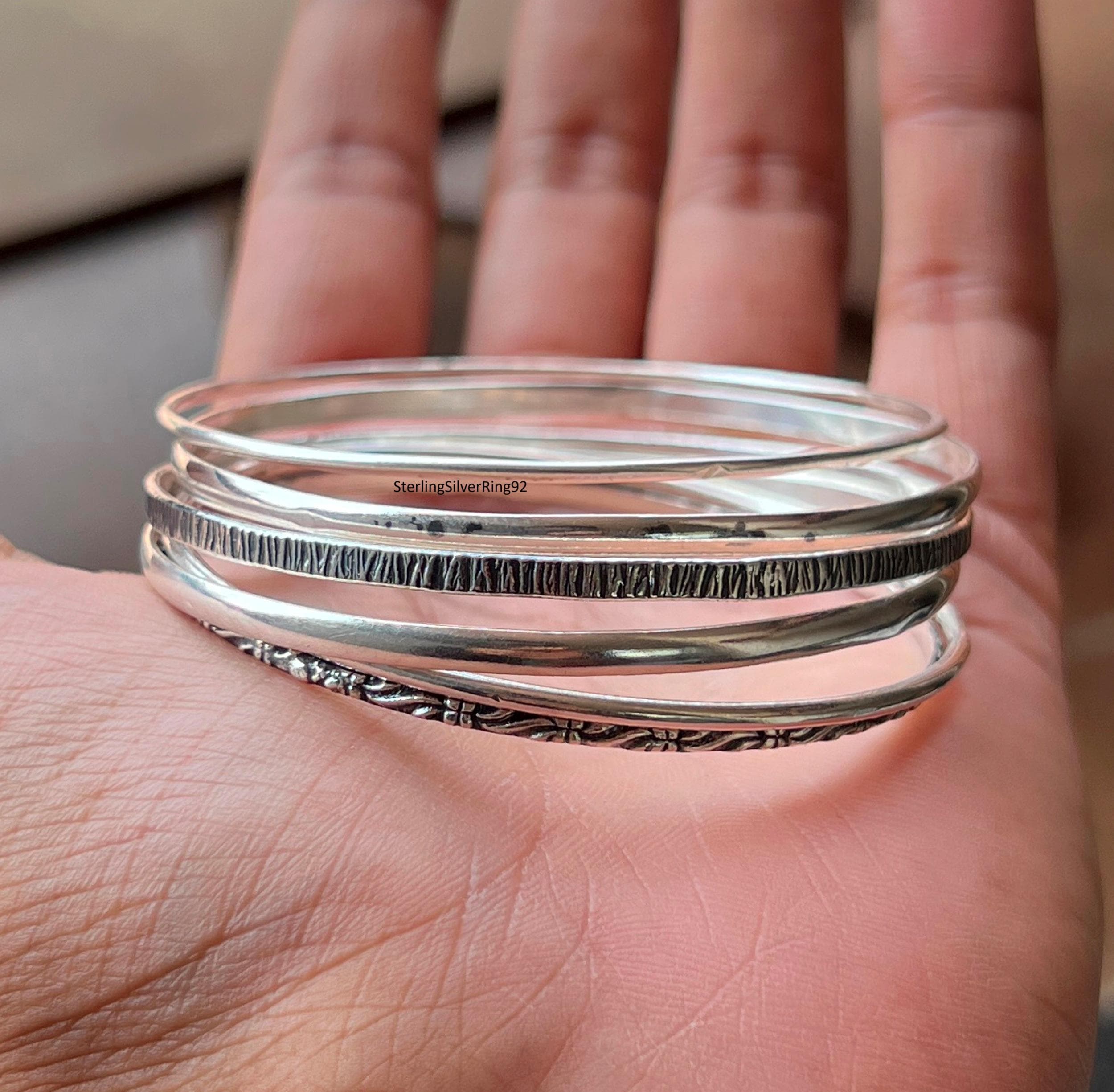 Sterling Silver Bangle Set: Mixed Design Bracelets, Everyday 