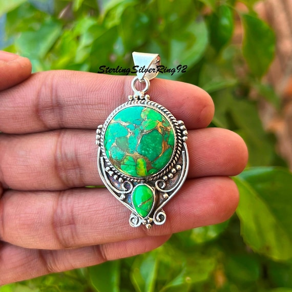 Sterling Silver Green Copper Turquoise Pendant Necklace