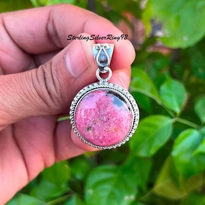 Handcrafted Round Rhodonite Pendant: 925 Sterling Silver, Pink Gemstone