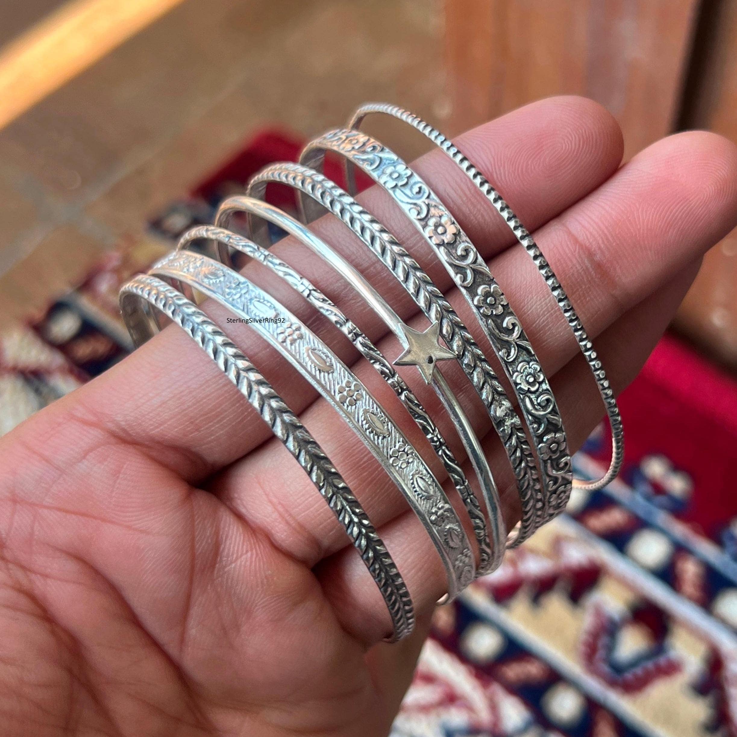 Set of 7 Sterling Silver Bangles: Handmade Boho Jewelry - Etsy