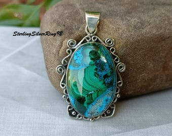 Azurite Malachite Pendant: Handcrafted Sterling Silver Boho Jewelry