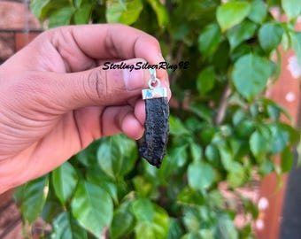 Raw Black Tektite Pendant: Handmade 925 Sterling Silver Necklace