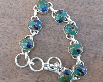 Engraved Gemstone Bracelet, Chrysocolla Malachite Lapis Lazuli, 925 Sterling Silver