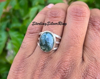 Handcrafted Oval Moss Agate Ring: 925 Sterling Silver