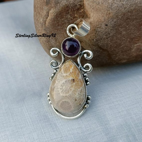 Fossil Coral Amethyst Pendant, 925 Sterling Silver Pear Gemstone Necklace, Two Stone Ornate Jewelry, Handmade Gift for Her