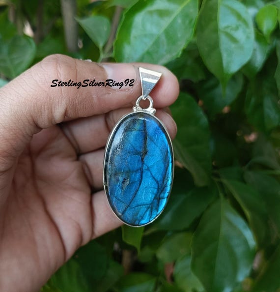 Blue Fir Labradorite Gemstone Pendent, Oval Shaped Stone, 925 Sterling Silver Pendent, Handmade Silver neckless, Unique Gift For Love .