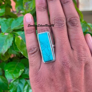 Handcrafted Turquoise Ring: Long Stone 925 Sterling Silver Band