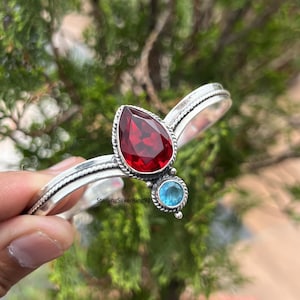 Dainty Garnet & Blue Topaz Bangle: Sterling Silver Gemstone Cuff
