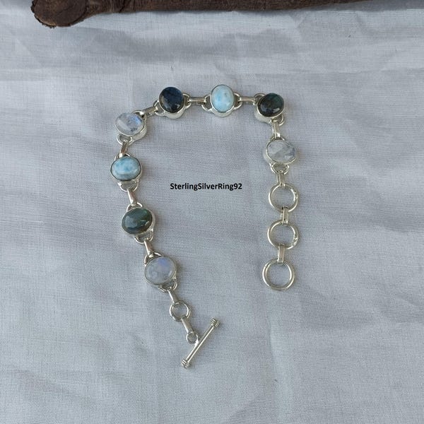 Mondstein Larimar Labradorit Armband: Sterling Silber Edelstein, Verstellbar