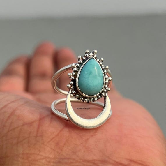 Natural Larimar Sterling Silver Ring: Beaded Moon Design