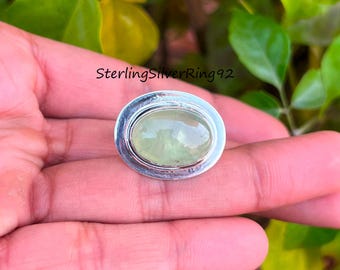 Handmade Oval Prehnite Ring: 925 Sterling Silver Boho Hippie Jewelry