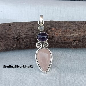 Sterling Silver Gemstone Pendant: Rose Quartz, Amethyst, Moonstone