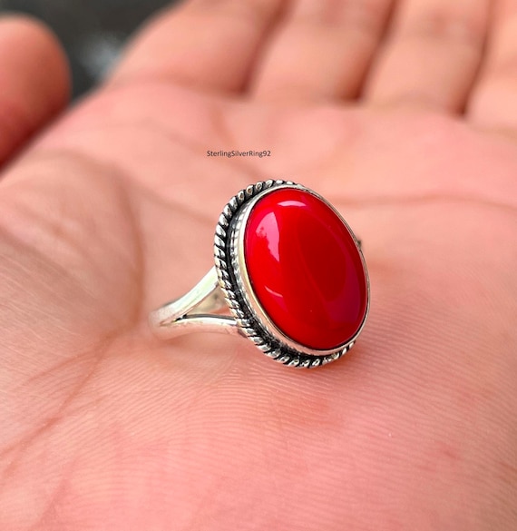 Red Coral Sterling Silver Ring: Handmade Crystal Healing Jewelry