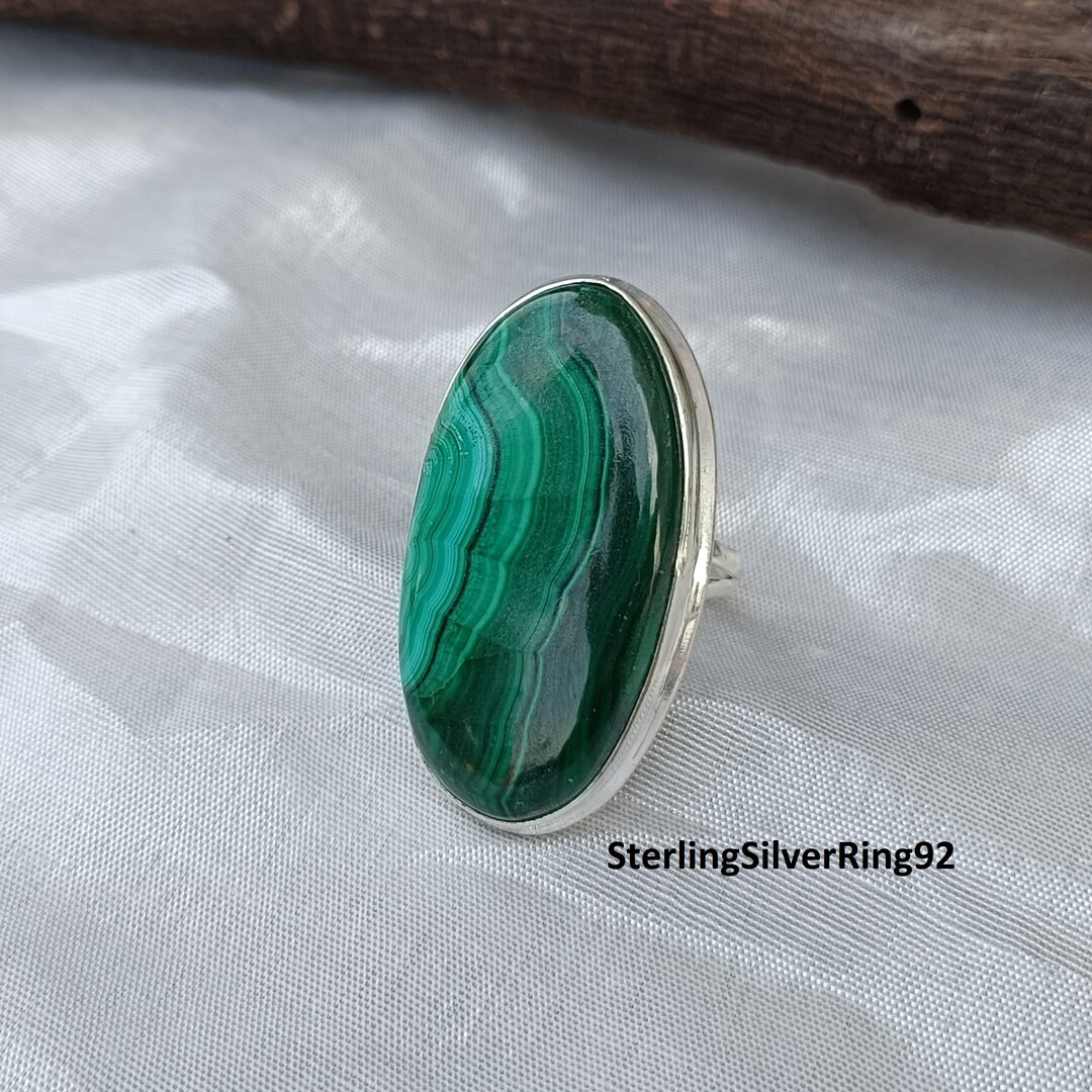 Oval Malachite Gemstone Ring: Handcrafted Sterling Silver Band